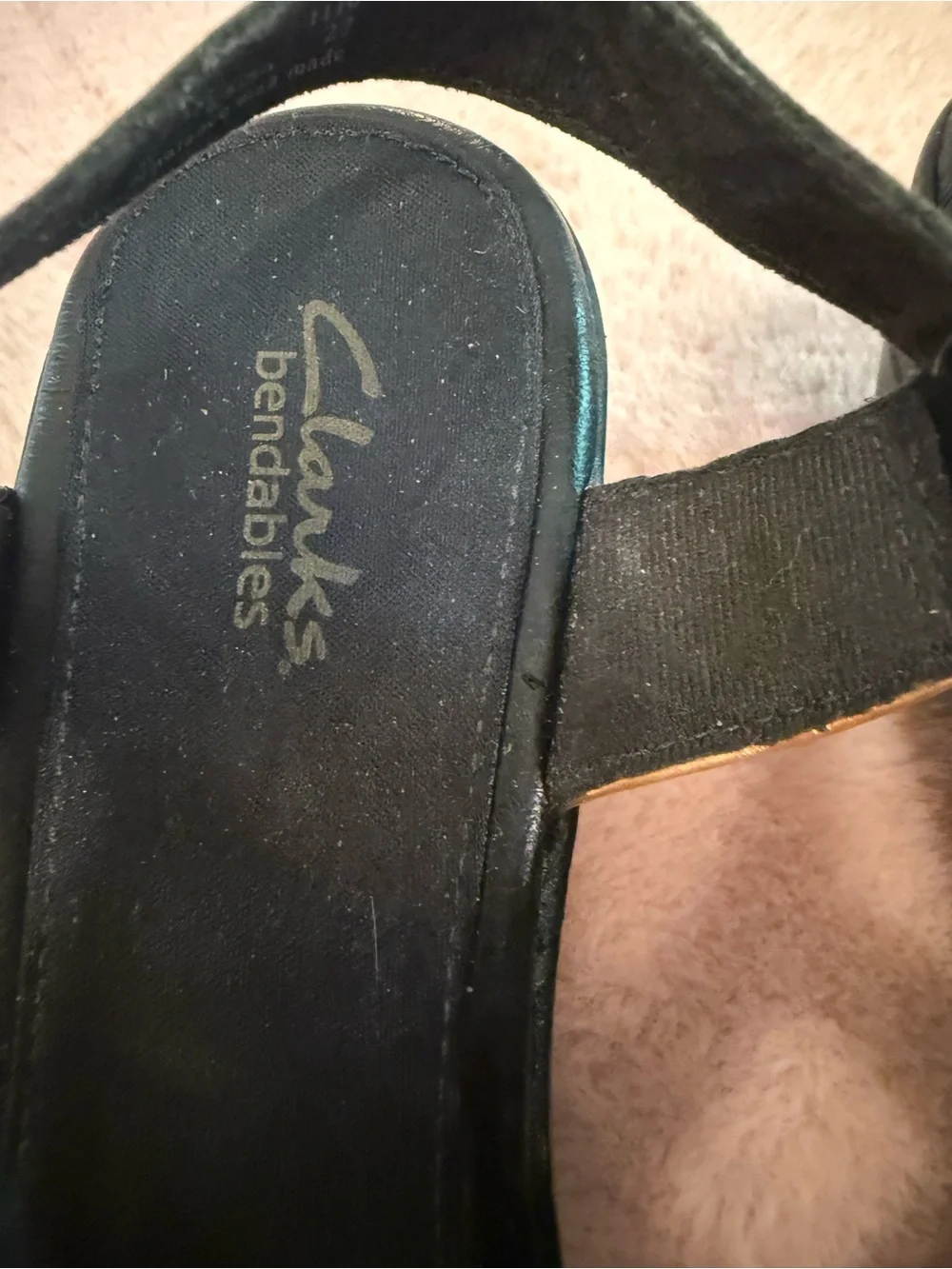 Clarks Black Leather Cutout Slingback Sandals with Gold Buckle